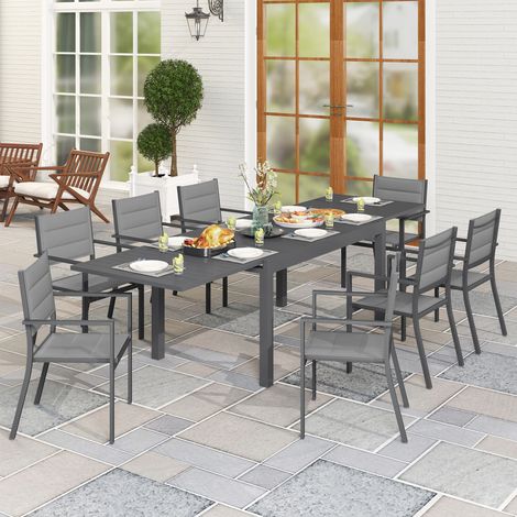 Set di mobili da giardino con tavolo allungabile (135-270 cm) in alluminio e textilene, 6-10 posti a sedere, 8 sedie impilabili, grigio