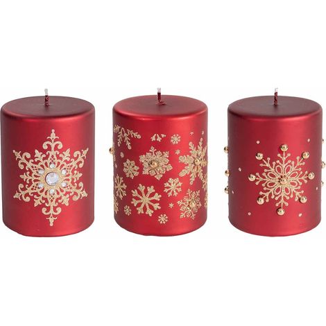 Candele natalizie rosse con fiocchi di neve dorati e brillantini oro set 3 pezzi