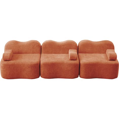 Canapé modulable 3 places sans armature en mousse haute densité 32D, forme ondulée avec coussin d'accoudoir mobile, velours orange (1/5)