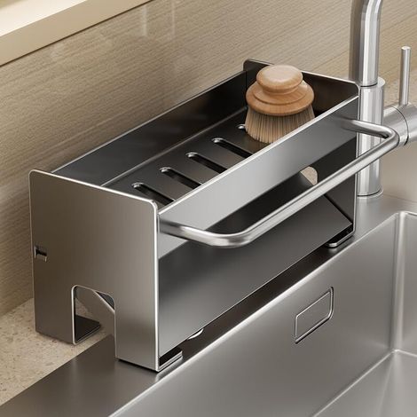 Organizzatore per lavello da cucina, porta spugna per lavello, porta spugna, gancio per asciugamani e divisorio rimovibile, grigio