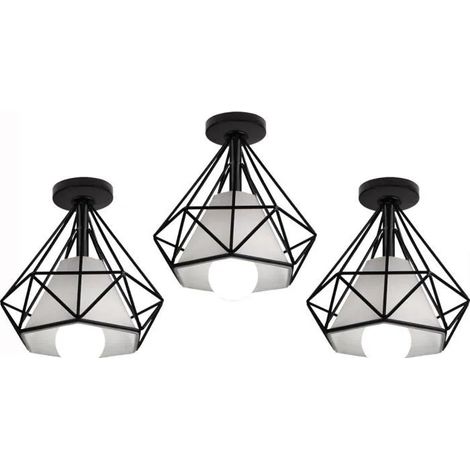 U-Do 3Pcs Plafonnier Luminaire Vintage Lampe Cage forme Diamant en Fer Noir E27 40W pour Salon Cuisine Bar (1/4)