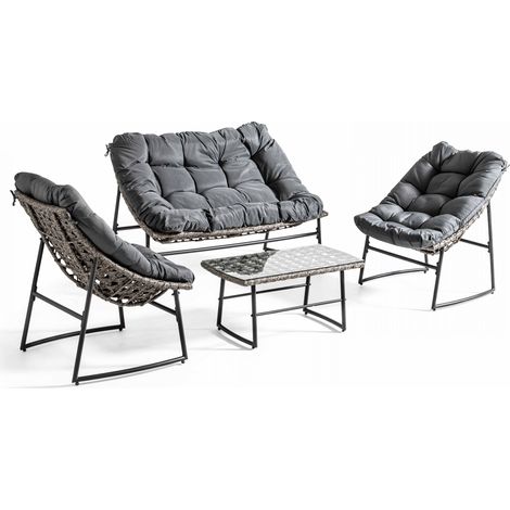 Salon de jardin 4 places en métal et résine tressée – Table basse rectangulaire 85x45cm – Coussins épais 8cm – Structure acier anti-corrosion – Solys (1/5)
