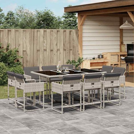 Ensemble repas de jardin 11 pièces en polyrotin gris clair avec coussins anthracite - PANGIVO (1/5)