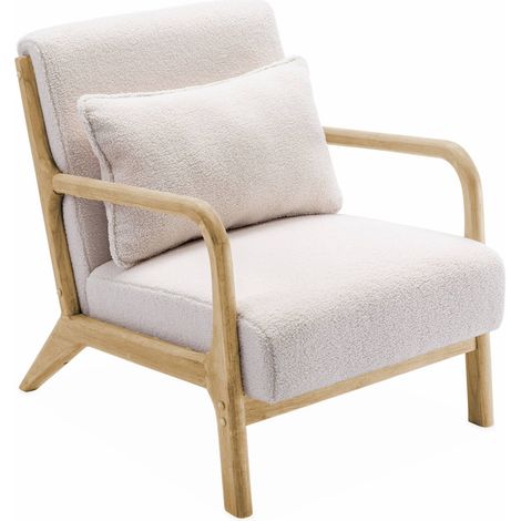 Scandi-style boucle wooden armchair with cushion White 65x80x79 cm - Lorens boucle (1/5)