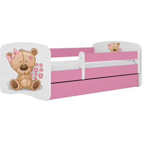 Kinder- und Jugendbett 70 × 140 cm mit Schublade und abnehmbarem Rausfallschutz rosa, Motiv Teddybär und Blumen (1/5)