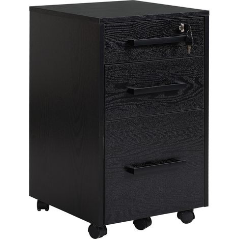 Mobile contenitore da ufficio su ruote con 3 cassetti (1 con serratura) e 1 portadocumenti. Realizzato in MDF, colore nero.