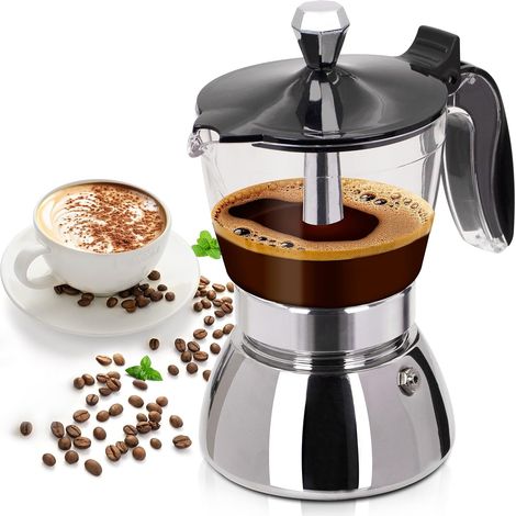 Cafetera moka de plástico transparente de 200 ml con piezas de acero inoxidable - 4 tazas, cafetera espresso italiana clásica para estufa, ideal para el hogar, camping y viajes. (1/5)