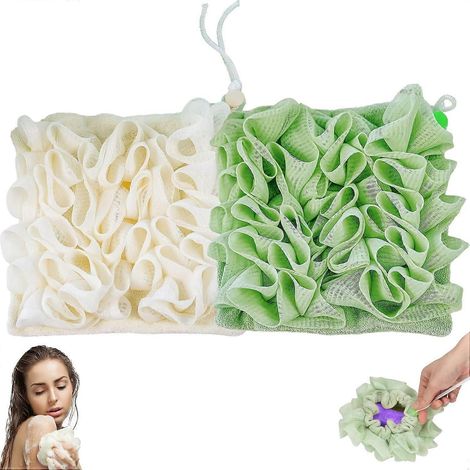 Éponge de bain 2 en 1 en luffa et maille fine, gant de toilette exfoliant, fleur de douche, boule exfoliante (1/5)