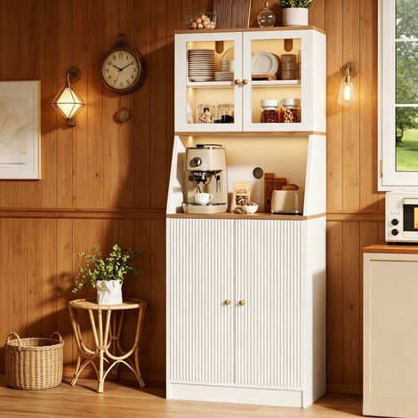 JOOKGBD-Küchenschrank 70x40x180cm mit 4 Schränken&LED,Küchenmöbel,Küchenbuffet mit Arbeitsplatte,Buffetschrank mit Glastür und Verstellbaren Ablagen,Vorratsschrank Küche mit Anti-Kipp-Design,Weiß