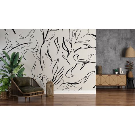 Papier peint nature - fines branches dessinées en noir et blanc - 150 x 250 cm (1/2)