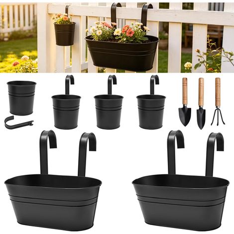 Lot de 6 Pots de Fleurs à Suspendre en Métal,Jardiniere Balcon avec Trou de Drainage et Crochet Amovible pour Balcon Clôture Jardin Maison Décor avec Set de 3 Outils de Jardinage (1/5)