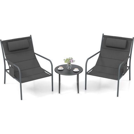 COSTWAY Ensemble de Meubles 3 Pcs de Patio Cadre en Métal Charge 150KG, Salon de Jardin 2 Chaises 1 Table Basse avec Tissu Respirant et Appui-Tête, pour Jardin Balcon, Gris (1/5)