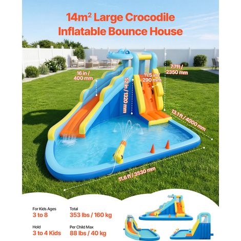 Château Gonflable, Aire de Jeux Gonflable Extérieur avec Souffleur, Toboggan Aquatique, Lancer d'Anneaux, Piscine, Canon à Eau, pou… (1/5)