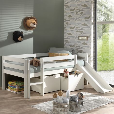 Lit mi-hauteur avec toboggan + 2 tiroirs 90x200 cm blanc - PINO (1/3)