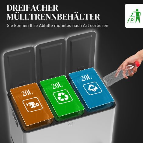 Poubelle 3 bacs 20 L, couvercle anti-odeurs, antimicrobien, anti-empreintes, fermeture silencieuse, amovible, argent (1/4)