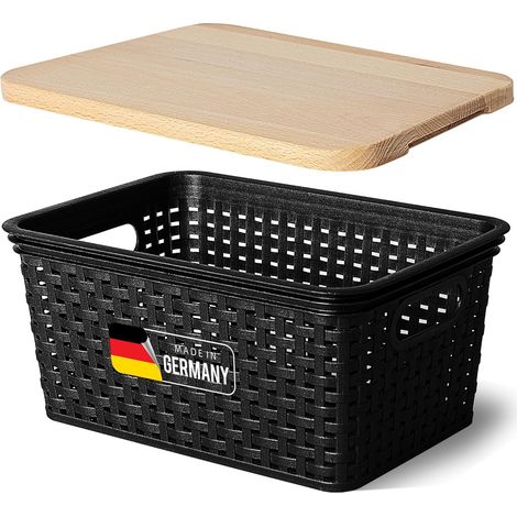 Boîte de rangement Novaliv avec couvercle en bois, petit panier 5L, noir en rotin, panier de rangement alimentaire, boîte empilable, plastique