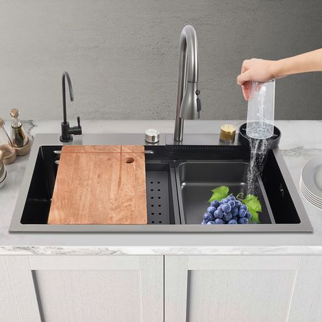 Küchenspüler aus Edelstahl, eingebettetes Spülset, großes Einzelspül, 75  45  21cm, mit Wasserhahn, Tropfenkorb