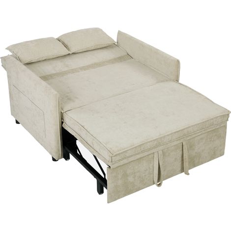 Canapé Convertible 2 Places, Canapé-Lit 3 en 1 Chenille 125 cm avec Dossier Réglable, Assise Large, 2 Oreillers, Crème (1/5)