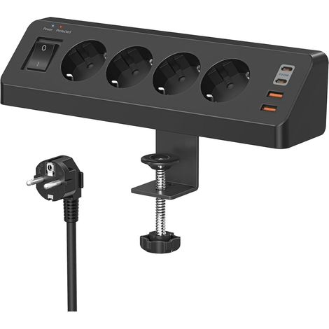 Multiprise de table avec USB C (PD 20 W) - Multiprise 8 en 1 - Avec interrupteur - 4 prises - 4 ports USB - Protection contre les surtensions avec câble de 2 m - Pour la maison, le bureau - Noir (1/5)