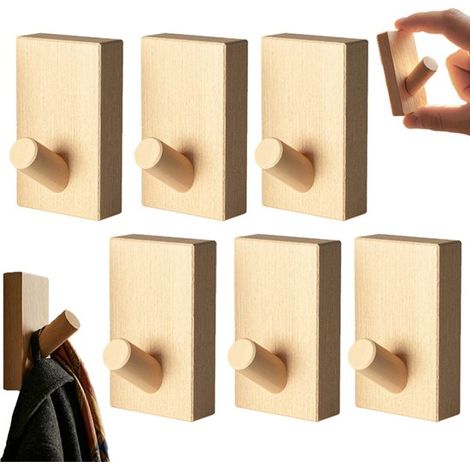 Confezione da 6 ganci adesivi da parete in legno massello a 45 gradi per asciugamani e cappelli (1/5)