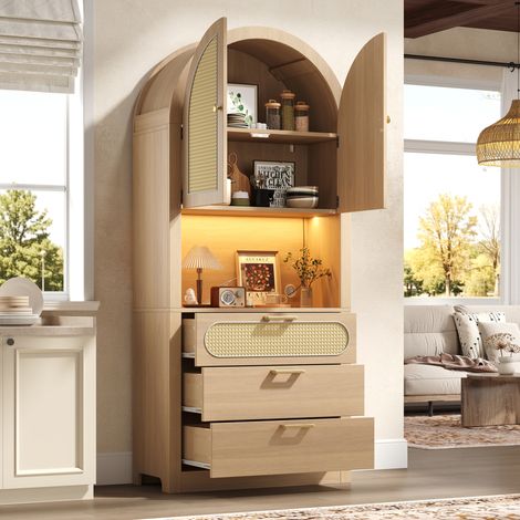 REDOM - Armadio 80x35x180 cm - ante in rattan - LED regolabile - 3 cassetti - MDF - pannelli di particelle - bianco naturale (1/5)