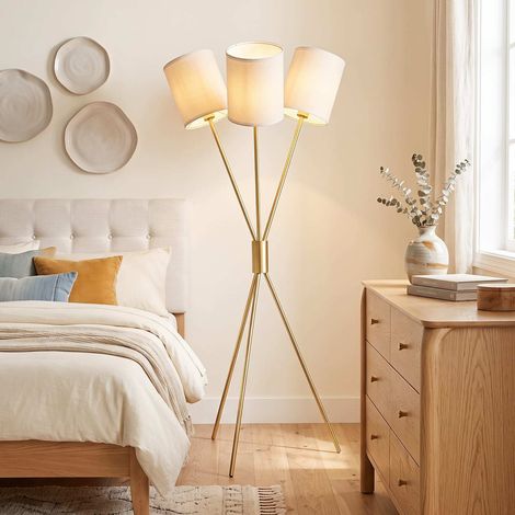 Lampadaire trépied métal doré à 3 abat-jour tissu, éclairage d’appoint pour salon et chambre (1/5)
