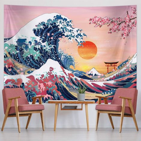 (200 x 150 cm) Wandteppich „Große Welle“, japanischer Meereswellen-Wandteppich, Sonne