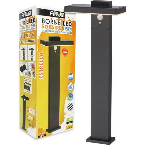 1 borne solaire, 600 lumens, détecteur de présence, 3 modes, ip44, fonte d'aluminium, éclairage extérieur