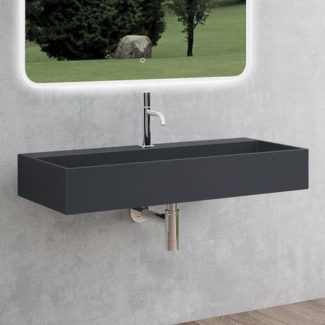 Mai & Mai Lavabo da Appoggio 100x40x14cm, Lavabo Bagno Sospeso Lavandino Bagno Colossum6028 da Marmo Fuso, due Fori per la Rubinetteria, Antracite opaco (1/5)