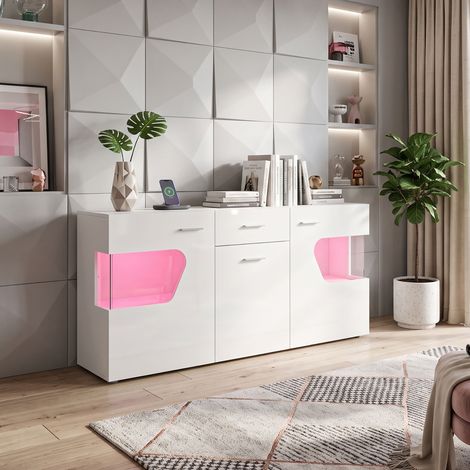 Creahappy Enfilade Buffet Salon LED 140x33x70 cm - Rangement Étagères en Verre Trempé - Design Contemporain Laqué - Blanc Brillant (1/5)