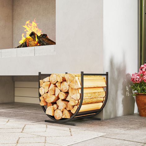 Soporte para leña robusto y curvado para uso interior y exterior, estructura metálica, 43 x 33 x 38 cm, negro. (1/5)