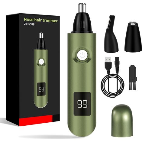 Tondeuse nasale 3 en 1 avec affichage LED - Tondeuse pour poils du nez et des oreilles - Rechargeable avec double lames de coupe - Tondeuse à sourcils et visage pour hommes et femmes - Vert (1/5)
