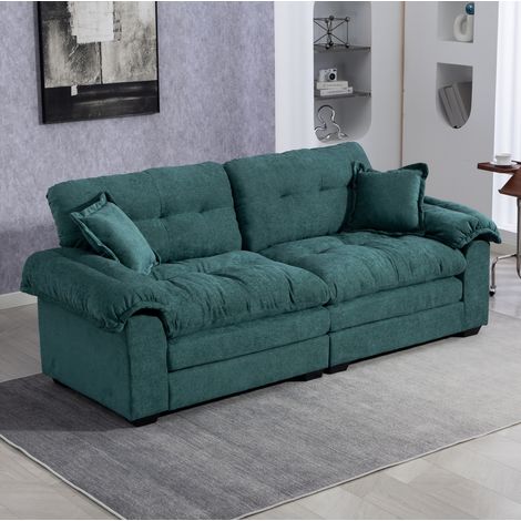 Canapé 2 places en chenille verte 214x89x93 cm, assise profonde, coussins amovibles, rembourrage mémoire de forme (1/5)