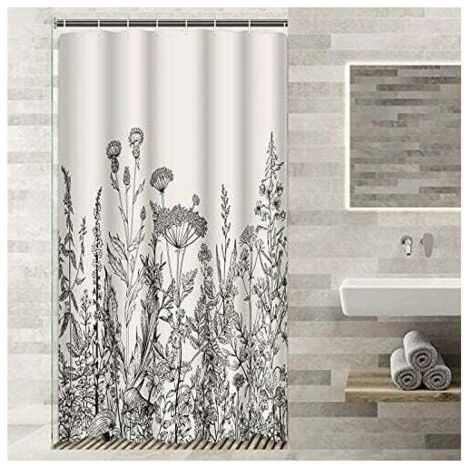 90 180cm Camper Stall Rideau De Douche Floral Border Herbes Et Fleurs Sauvages Botanique Vintage Gravure Noir Imperméable Polyester Tissu Ensemble Avec Crochets
