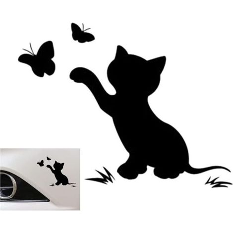 Autocollant pour voiture - Motif chat et papillon - Mignon - Décoration de voiture - Noir