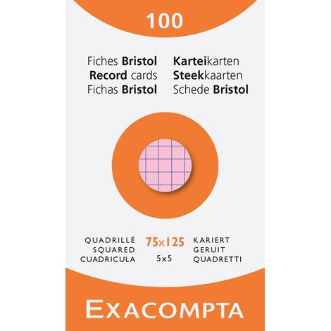 Exacompta - Rif. 13271E - Cartone da 10 custodie da 100 spine bristol a quadretti 5 x 5 non perforate, formato 75 x 125 mm, colori assortiti (1/5)