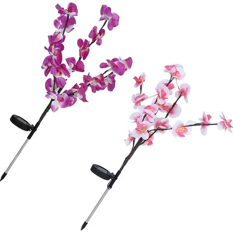 Juego de 2 guirnaldas de luces LED solares con forma de orquídea artificial para decorar jardines, patios y céspedes. (1/5)