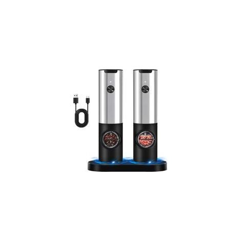 Moulin à poivre électrique – Rechargeable par USB – Mouture réglable – Avec lumière LED – Argent – ABS/Acier inoxydable (1/5)
