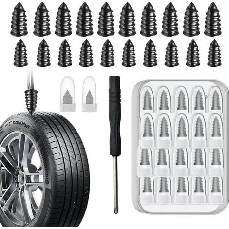 Kit completo de reparación de neumáticos para coche y moto, 40 tapones de goma + destornillador, apto para neumáticos sin cámara y fácil de usar (1/5)