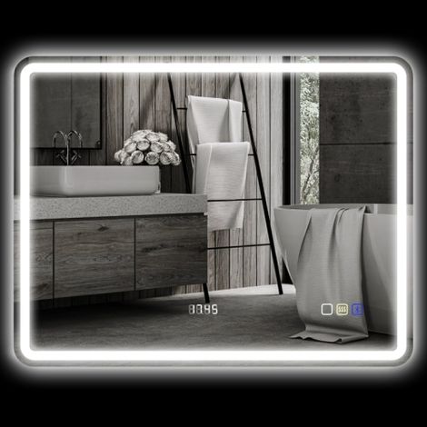Specchio da bagno LED 70 x 90 cm con illuminazione antiappannamento, 3 temperature di luce (calda/fredda/neutra), funzione Bluetooth per musica, orologio integrato, comando touch e memoria delle impos