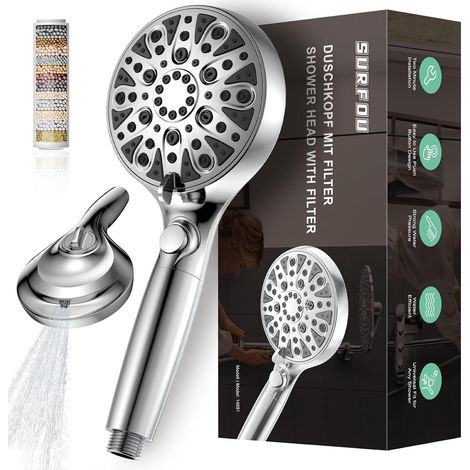 Cabezal de ducha con filtro, 8+2 modos de rociado para ahorrar agua, cabezal de ducha de alta presión, cabezal de ducha antical, cabezal de ducha con filtro ajustable (1/5)