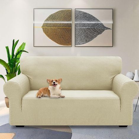 Dehnbarer, wasserdichter und kratzfester Sofabezug für 3-Sitzer-Sofas. Elegantes Muster. Mit rutschfesten Schaumstoffstäben (3-Sitzer-Sofa, beige). (1/4)
