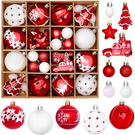 42 Christbaumkugeln – Retro-Weihnachtsbaumschmuck, Christbaumkugeln für drinnen – dekorative Hängeornamente, Weihnachtskugeln für die Festtagsdekoration – rot und weiß (1/5)
