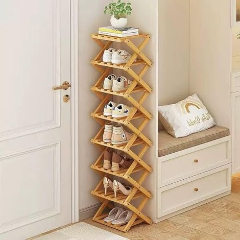 Étagère pliante en bambou, verticale, pour petits espaces, multifonction, pour entrée, placard, coin, chambre à coucher, couloir, couleur bois, 8 étages (1/5)