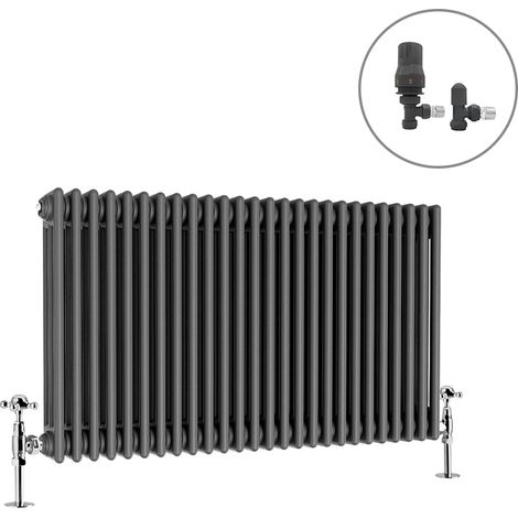 Traditional Radiator Anthracite Cast Iron Style Rads with Angled Thermostatic Valves Horizontal 3 Column 600x1192mm (1/4)