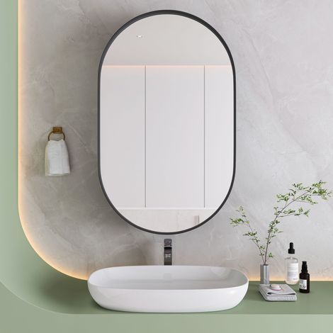 AS EASY Stylish Oval Mirror Cabinet, Recessed Medicine Cabinet, Wall Cabinet with Metal Framed, Mirror and Adjustable Shelves, Mirror Cabinet with Storage for Bathroom, Living Room and Bedroom, Black (1/4)