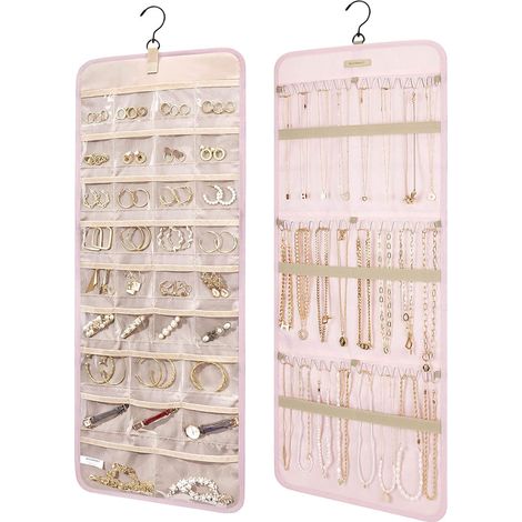 Organisateur de bijoux à suspendre - Rouleau de rangement avec crochet en métal - Double face - Pour boucles d'oreilles, colliers, bagues - Pour armoire, mur, porte - Rose (1/5)