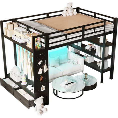 Lit mezzanine enfant 140x200 cm avec dressing ouvert, 2 tiroirs, étagères, panneau perforé, led,noir (1/5)
