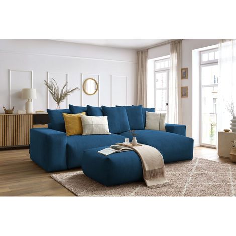 BOBOCHIC - Canapé d'angle réversible convertible coffre VOLTAIRE avec pouf Réversible  Bleu foncé (1/5)