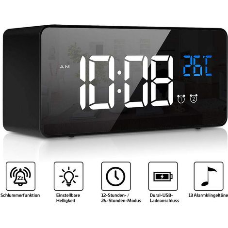 Réveil numérique, horloge de table numérique LED avec commande vocale et affichage de la température, réveil miroir avec double alarme, fonction snooze, 4 niveaux de luminosité réglables, 13 pistes mu (1/5)
